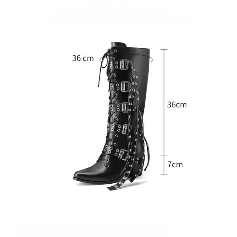 2024 Women\'s Fashion Belt Buckle Decoration Thick High Heels Front Strap Knee Boots European and American Side Zipper Boots