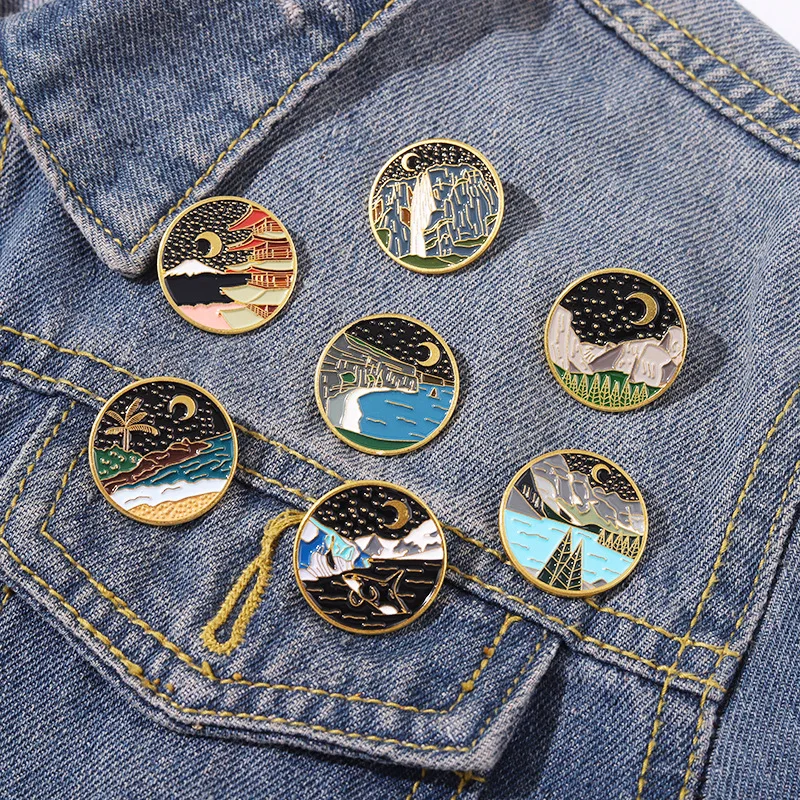 Creative Outdoor Camping Scenery Enamel Pins Crescent Mountains Rivers Sunrise Night Sky Ocean Whale Alloy Brooch Badge Jewelry