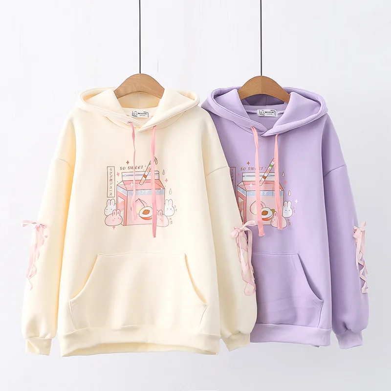 Winter Kawaii Hoodies Women Cute Anime Clothes Lolita Rabbit Cartoon Print Fleece Hooded Sweatshirts Korean Fashion Pullover