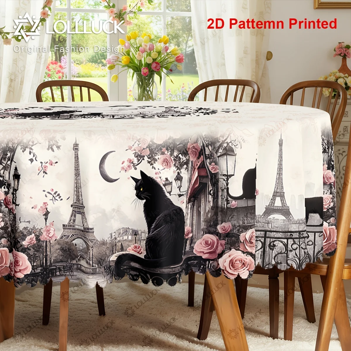 1 piece, cat-themed tablecloth, summer and spring design featuring a moon tower and rose and flower patternszyc