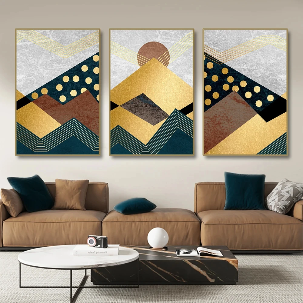 Modern Abstract Color Block Print Canvas Painting, Golden Mountain Sun Poster Wall Art, For Living Room Study Decor, No Frame