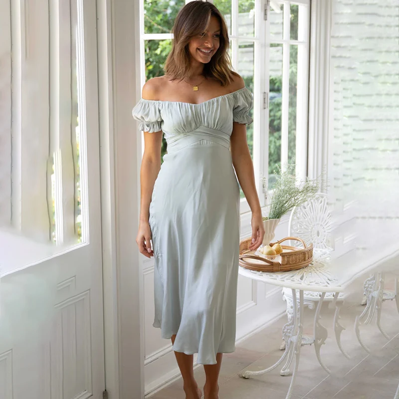 

Elegant Square Neck Ruffle High Waist Summer Party платье женское Sexy Off Shoulder Tie A Bow A-Line Backless Club Midi Dress