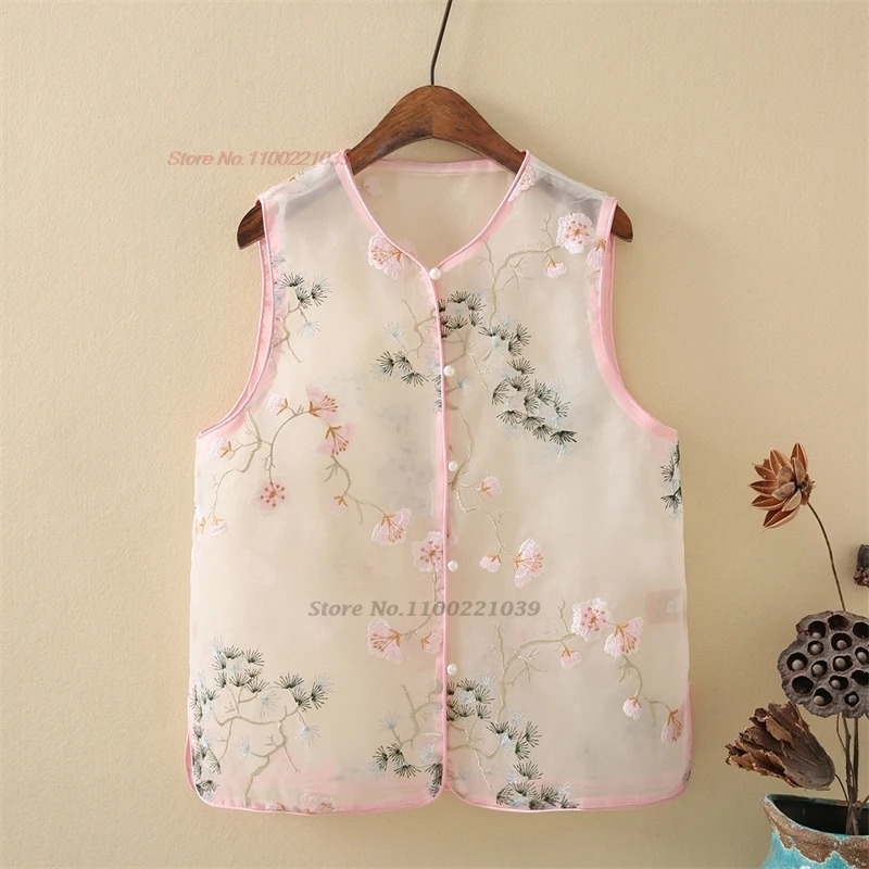 

2024 chinese vintage vest traditional flower embroidery lace vest sleeveless jacket hanfu tops oriental tang suit waistcoat