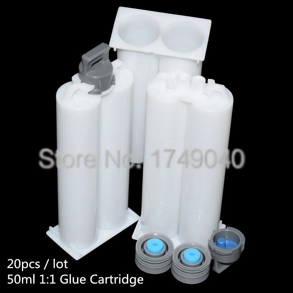 Cartuchos vacíos de doble barril, tubo de pegamento AB con pistones de sellado para pistolas de pegamento AB de 50ml, 1:1, 4:1, 1:2, 20 piezas, 50ml