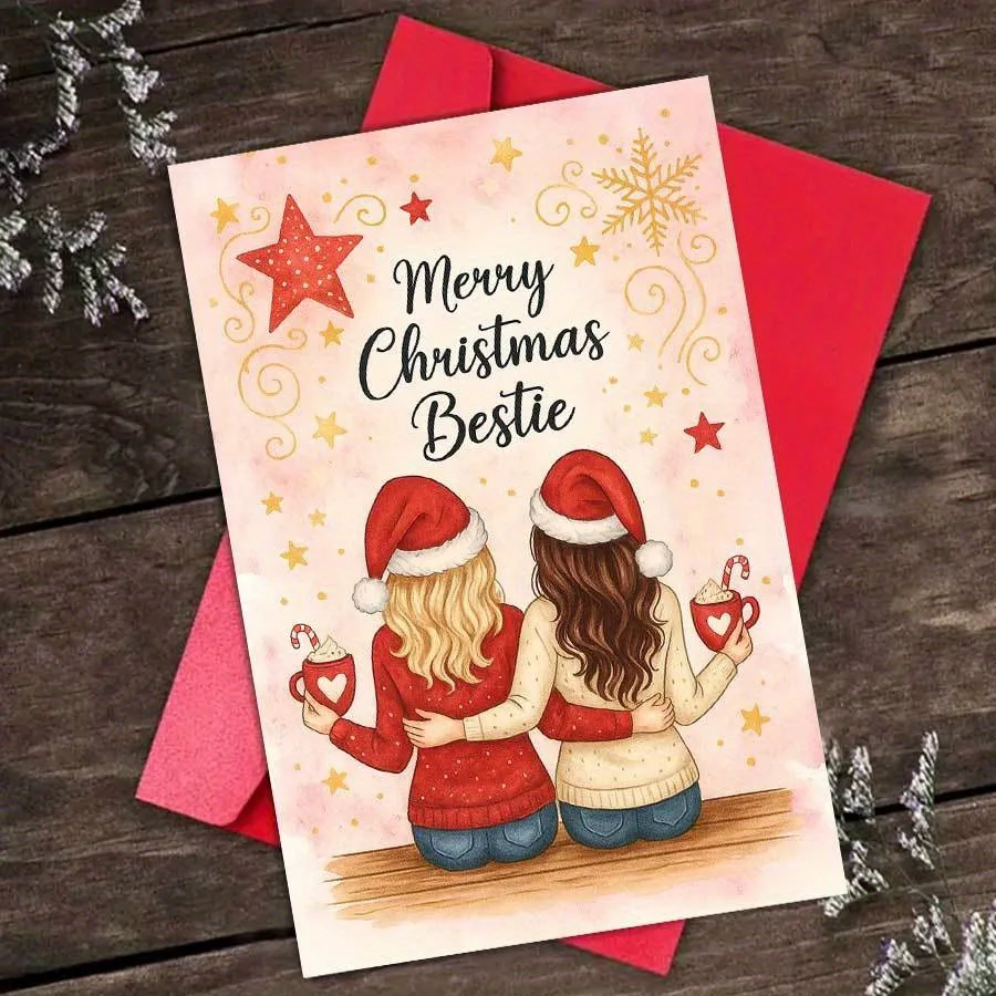 1 Stück Bestie-Weihnachtskarte für BFFs und Schwestern mit Weihnachtsmütze, Zuckerstangen-Design, Umschlag, Roségold, Sternenhimmel, Feiertags-Freundschaftsgeschenk