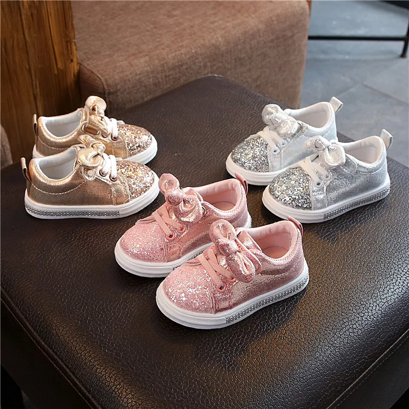 Children Casual Shoes Toddler Baby Girls Bow Sequin Sneakers Glitter Soft Sole Non-slip Sports Shoes Fashion Solid Board Shoes