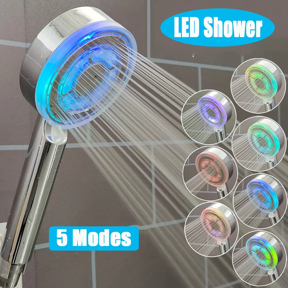 

5 Mode Adjustable Temperature Control Shower Head 3/7 Color Change Spray Nozzle High Pressure Large Flow One-Key Stop LED Shower