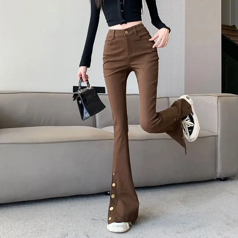 

Micro-boot jeans brown buttoned design women's autumn and winter new high-waisted slim straight-leg floor mopping pants