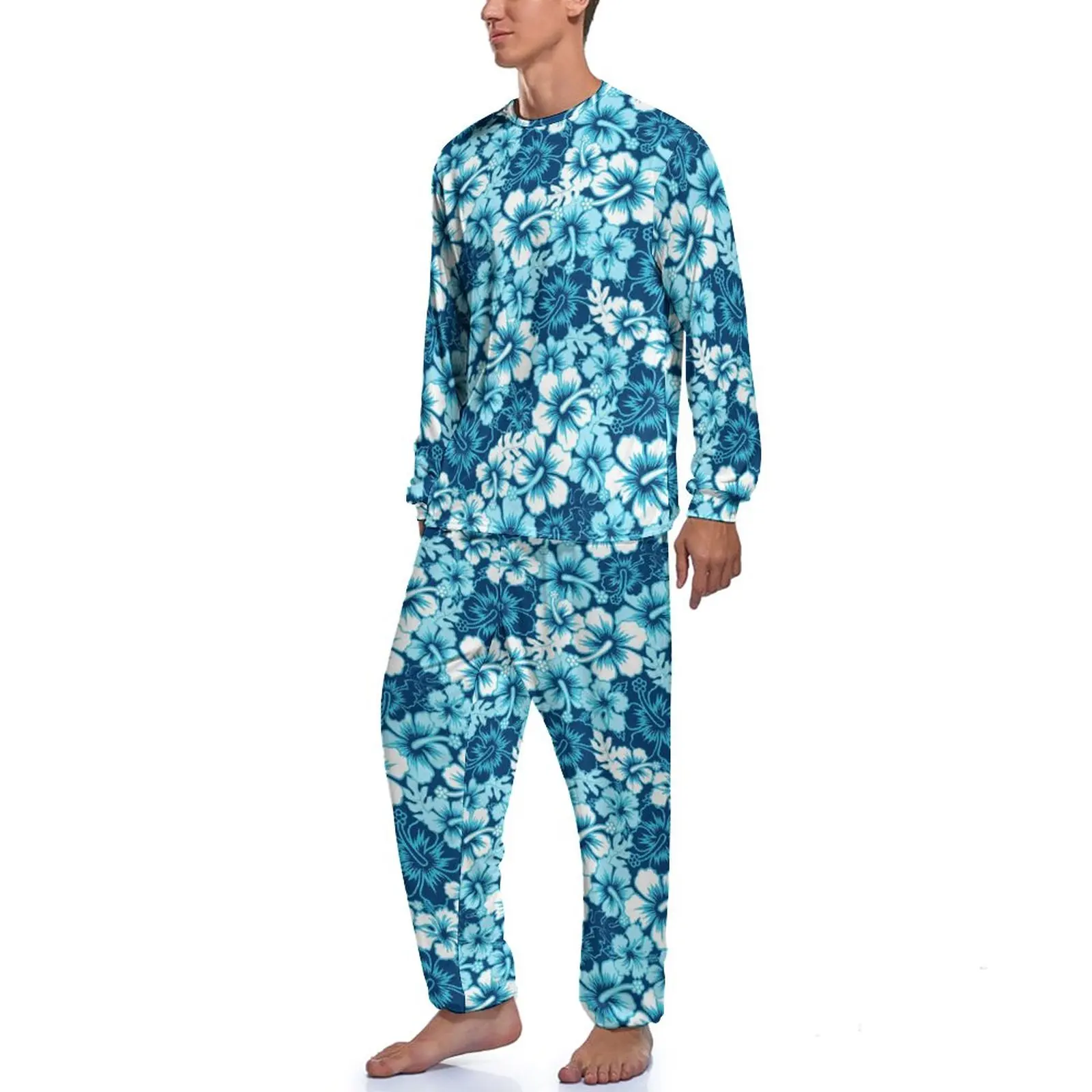 Blue Floral Pajamas Long Sleeves Hibiscus Print 2 Pieces Casual Pajama Sets Daily Men Design Elegant Nightwear