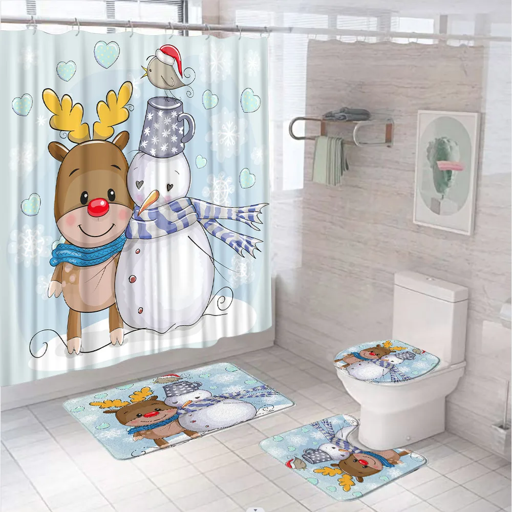 

Christmas Cartoon Snowman Reindeer Shower Curtain Set Non-Slip Rug Toilet Lid Cover Bath Mat Xmas Bird Kid Bathroom Decor Screen