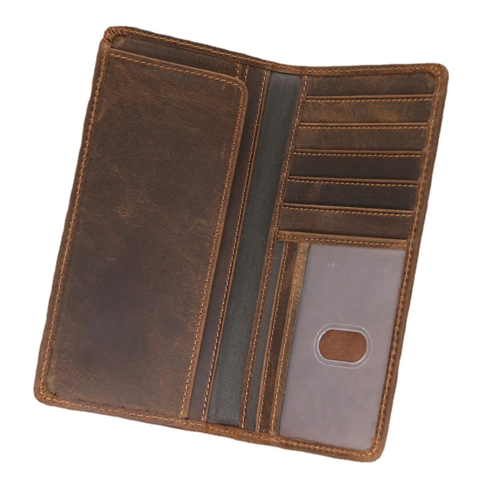 1081 Men's Crazy Horse Leather Long Wallet Head Layer Leather Leather Retro Card Bag Multi Functional