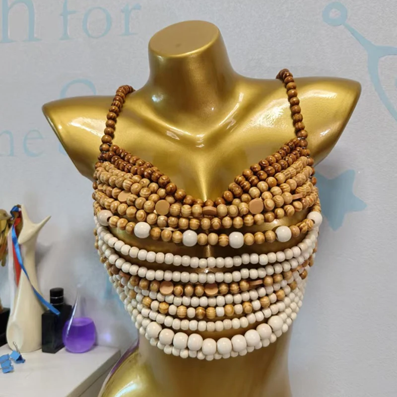 Handgefertigte Holzperlen-Körperkette für Damen, Boho-Stil, mehrlagig, Perlen-Strand-Bikini-Überzug, Festival Y2K Schmuck – Detail 6