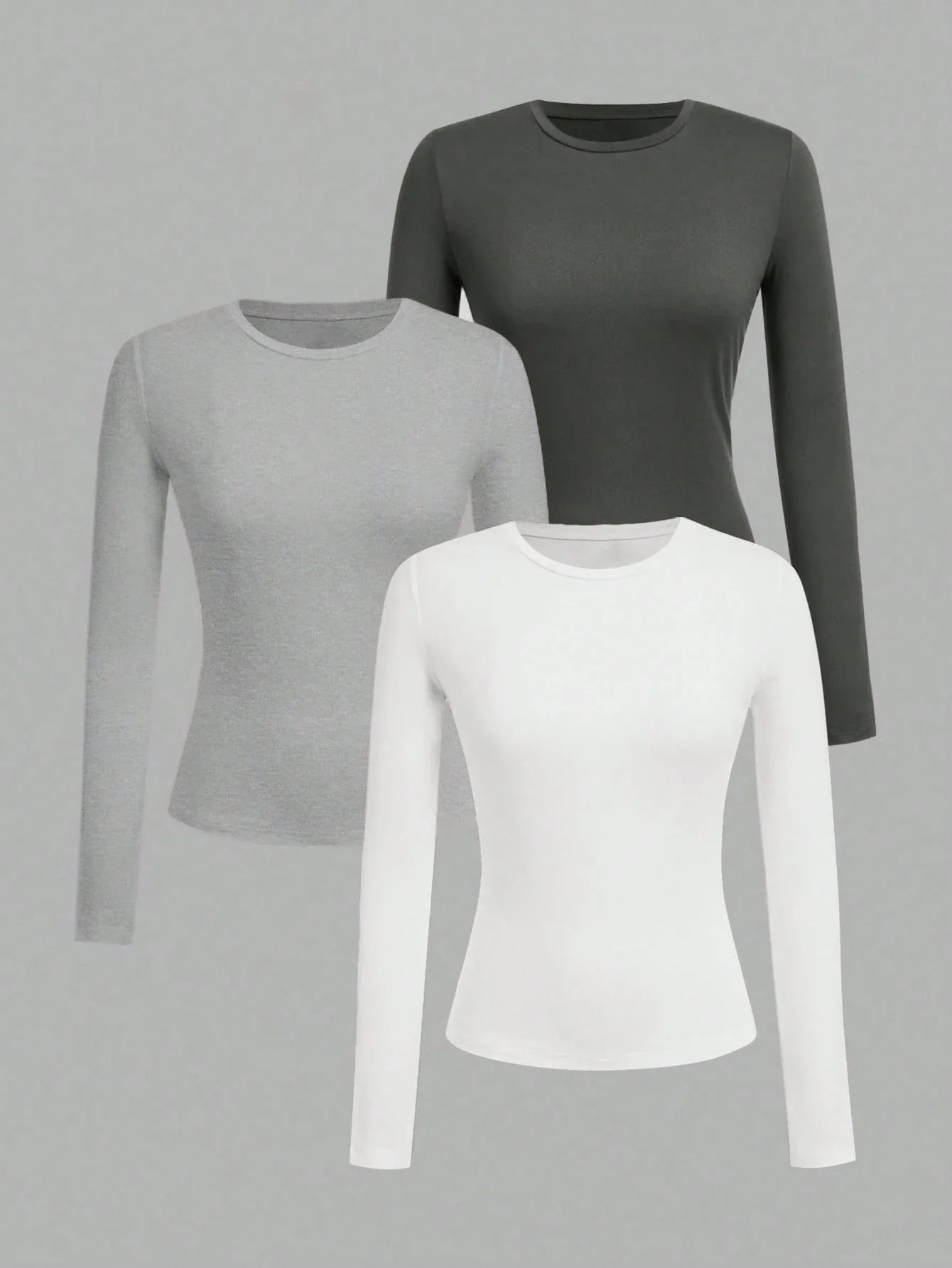 

3PCS，Fashion Women T-shirt Long Sleeve Crew Neck Solid Slim Fit