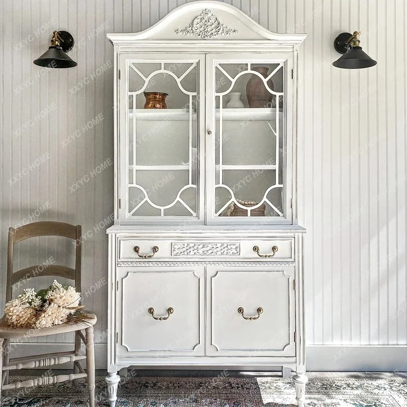 A retro white solid wood carved wine cabinet display  classical glass door side cabinet