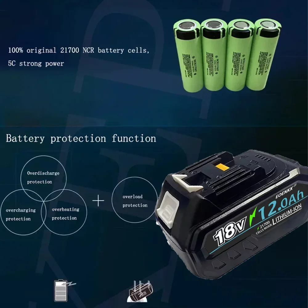 For Makita 18V 12Ah Rechargeable Battery 21V 21700 Li-ion Cell Suitable For Makita Power Tool BL1860 BL1880 BL18100