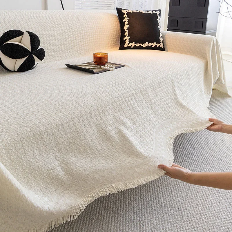 Solid All-Inclusive Sofa Towel with Tassels Houndstooth Print Sofa Cover for Living Room Chenille Knee Blanket for Four Seasons