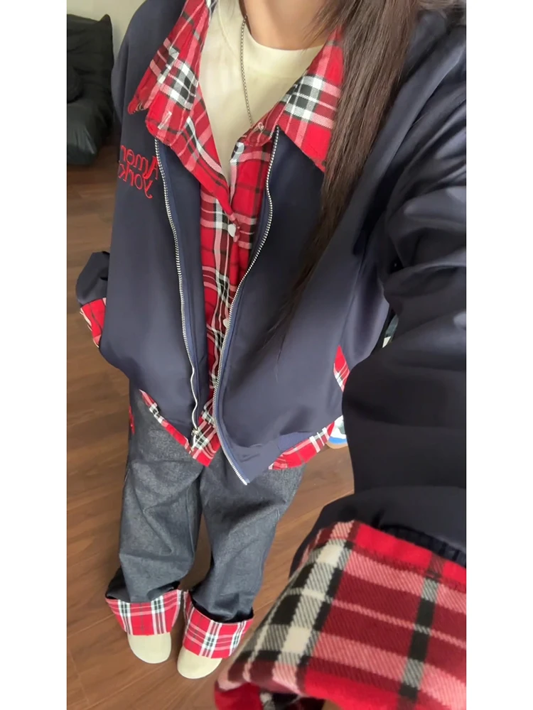 Hombres Plaid irt Jaet American Retro Sle Primavera Otoño ort Béisbol Vintage Jaet Loose Fit Water Waed Poliéster Co...