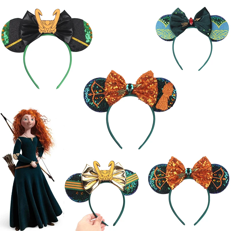 Pixar Brave Ears Headbands for Women Disney Mickey Mouse Hair Accessories Girl Green Sequins Bow and Arrow Hairband Kids Gift