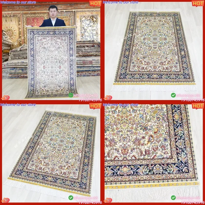 CECertificate 91x152cm Turkish Handmade Silk Persian Rug Floral Pattern Stain Resistant & Non-Slip for Home Use