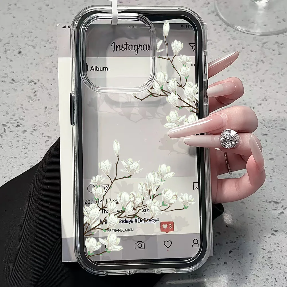 Magnolienblüten Transparente Handyhülle für iPhone 17 13 16 15 11 12 14 Pro Max 17 Air XR X Hülle Silikon 2 IN 1 Stoßfeste Weiche Abdeckung – Detail 2