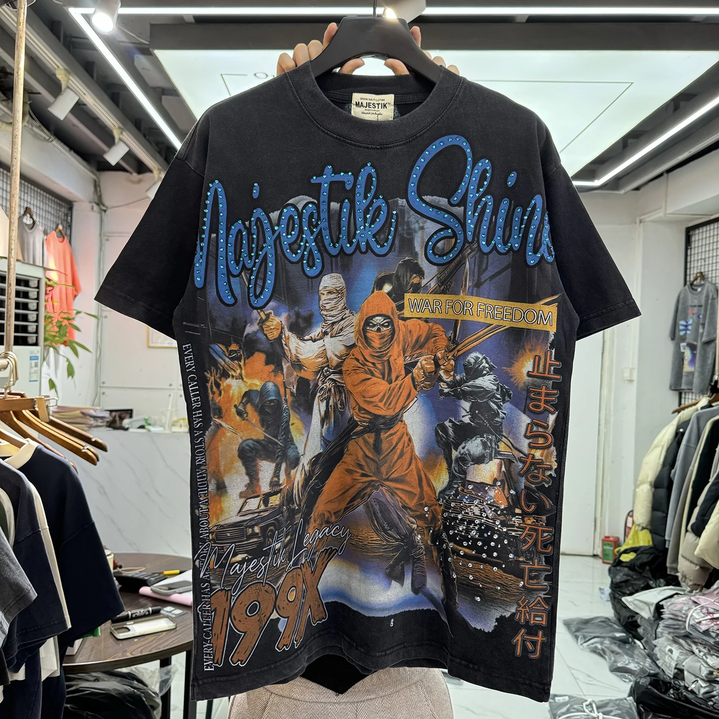 

Retro Distressed American Street Hip Hop Style White Ink Direct Spray Loose Glitter Short Sleeve T Shirt Trendy Cotton round ...