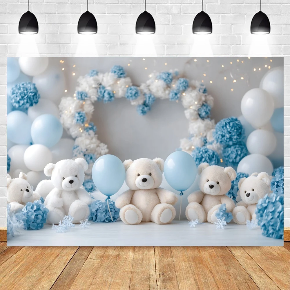 Baby Boy 1st Birthday Party Photography Backdrop Flower Balloons Toy Bears Theme Baby Shower Kids Portrait Photocall Background