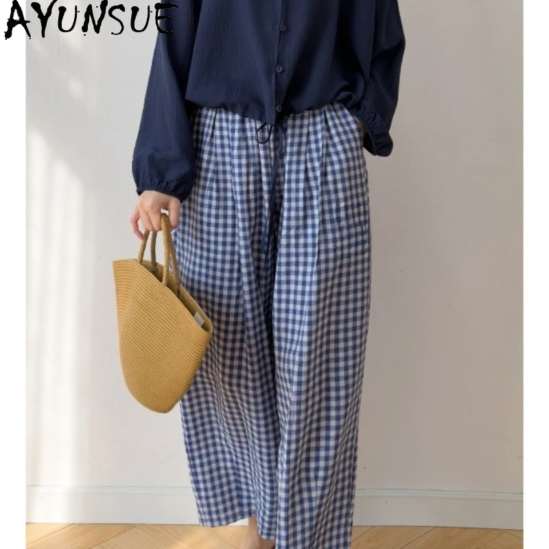 

AYUNSUE Женские брюки из 76% шелка, повседневные брюки в клетку для женщин, брюки-шаровары с эластичной резинкой на талии, женская одежда, брюки женские