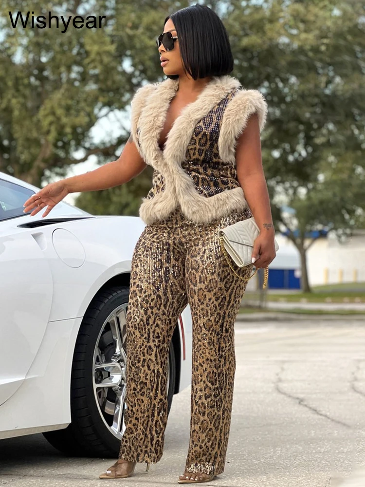 New Sparkle Sequin Furry 2 Piece Pants Set Women Faux Fur Leopard Print Seuqins Vest and Trousers Birthday Club Night Outfit y2k