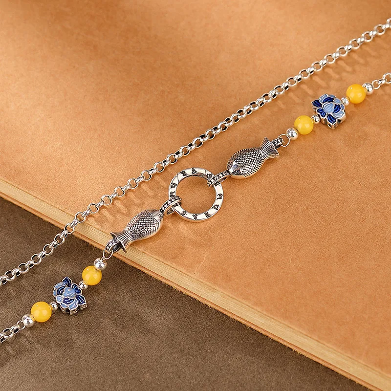 ستة أحرف تعويذة مزدوجة الأسماك لوتس سترة سلسلة مزدوجة الوجهين انفصال الرجعية تنوعا القلائد الطويلة مجوهرات الأزياء #5