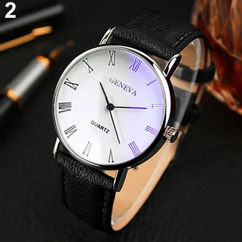 Geneva-reloj analógico con números romanos para hombre, pulsera de cuarzo con banda de piel sintética, Blu-Ray, para negocios, a la venta