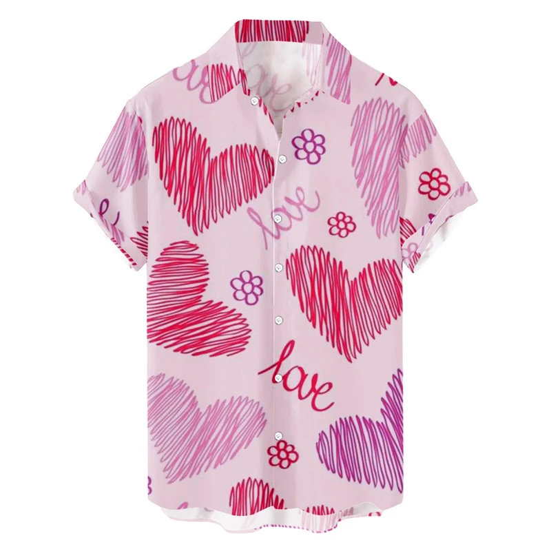 Heart Love Dots Print Men Shirt Summer Short Sleeve Blouse Button White Shirt Valentine Day Clothes Party Social Dress Male Tops