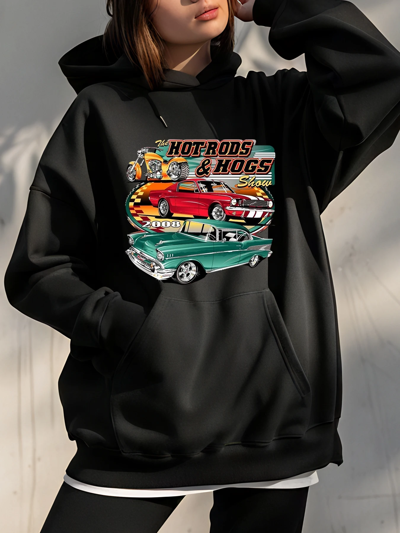 

Hot Rods & Hogs Show Car Graphic Hoodie Unisex Streetwear Casual Sweatshirt for Men Women Auto Enthusiasts