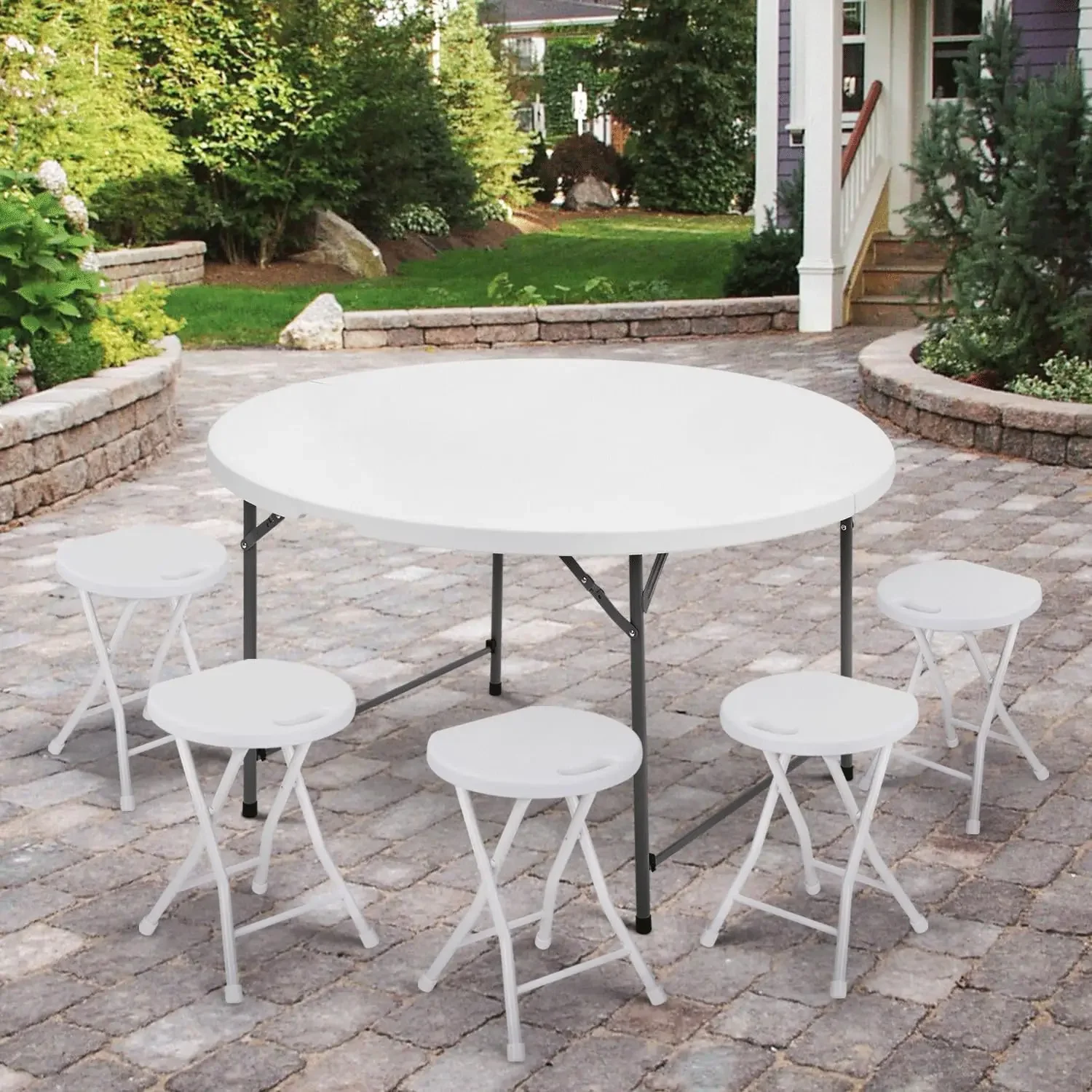 4.5Ft Round Folding Table, Indoor Outdoor Plastic Dining Card Table with Handle and Lock for Picnic Party Banquet Wedd