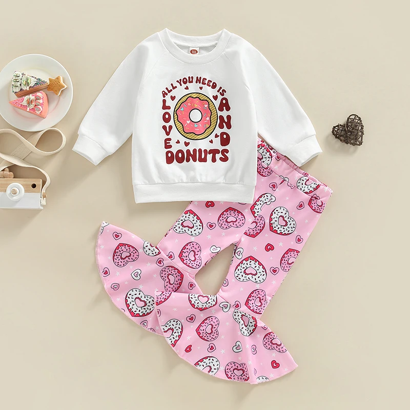 Valentine's Day Fashion Children Girl Clothing Set 1-5Y Letter Print Long Sleeve Sweatshirts+Doughnuts Print Ruffles Flare Pants