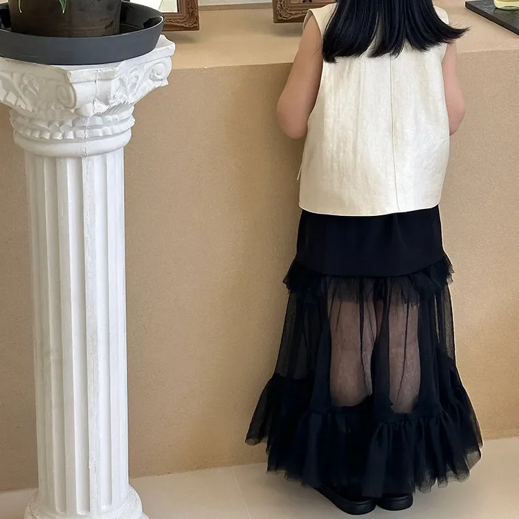 Girls Tulle Skirt 2024 Summer New Korean Style Mesh Patchwork Long Skirt Cool Handsome Skirt Girls Half Skirts Fashion Skirts