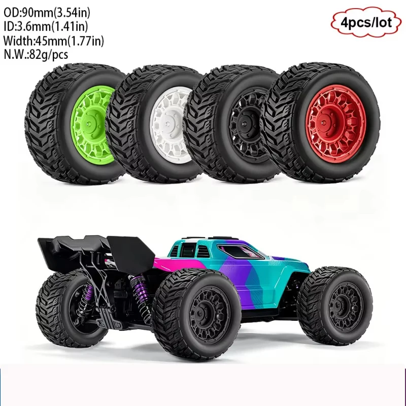 4PCS 90*45mm RC Monster Truck Wheels Tires 12mm Hex For 1/14 1/16 Traxxas Mini E-Revo ARRMA Mini Kraton MJX Upgrade Tire