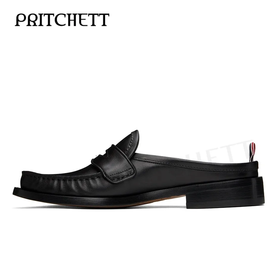 Black Pleated Mule Slippers Square Toe Square Root Shallow Mouth Slip-On Casual Sandals Large Size Men's Shoes Loafers