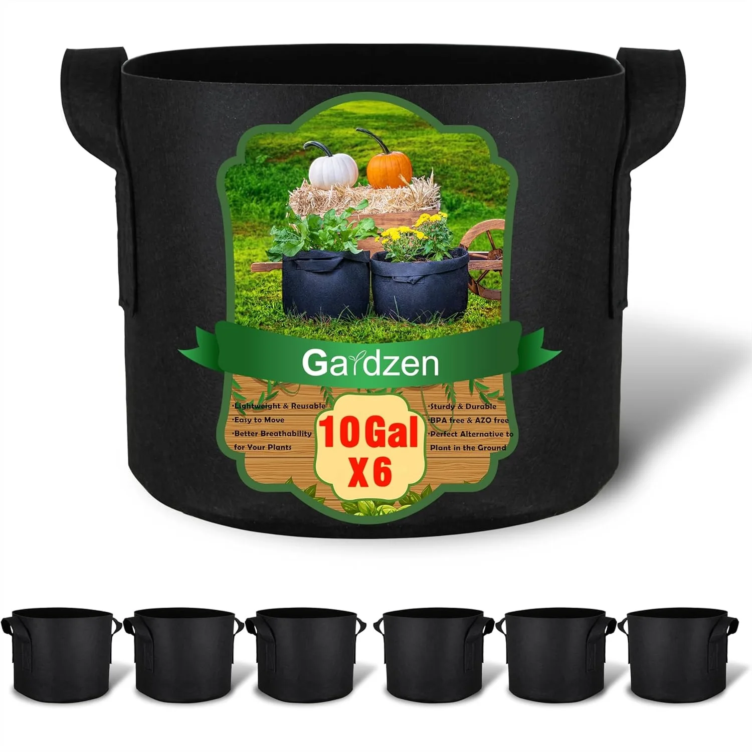 

6-Pack 10 Gallon Grow Bags with Handles, 300G Thickened Nonwoven Fabric Aeration Pots for Gardening and Container Growing