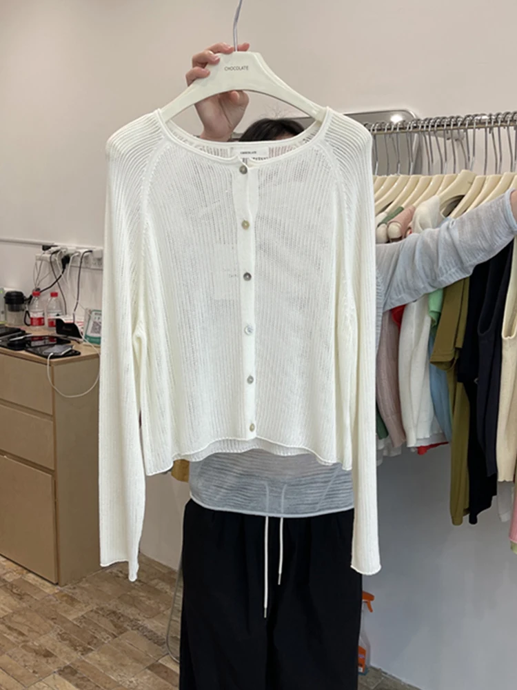 

Linen Ice Silk Women's Knitted Cardigan Thin Summer Outerwear oulder Baring Top Korean Sle Long Sve Low Collar Coat