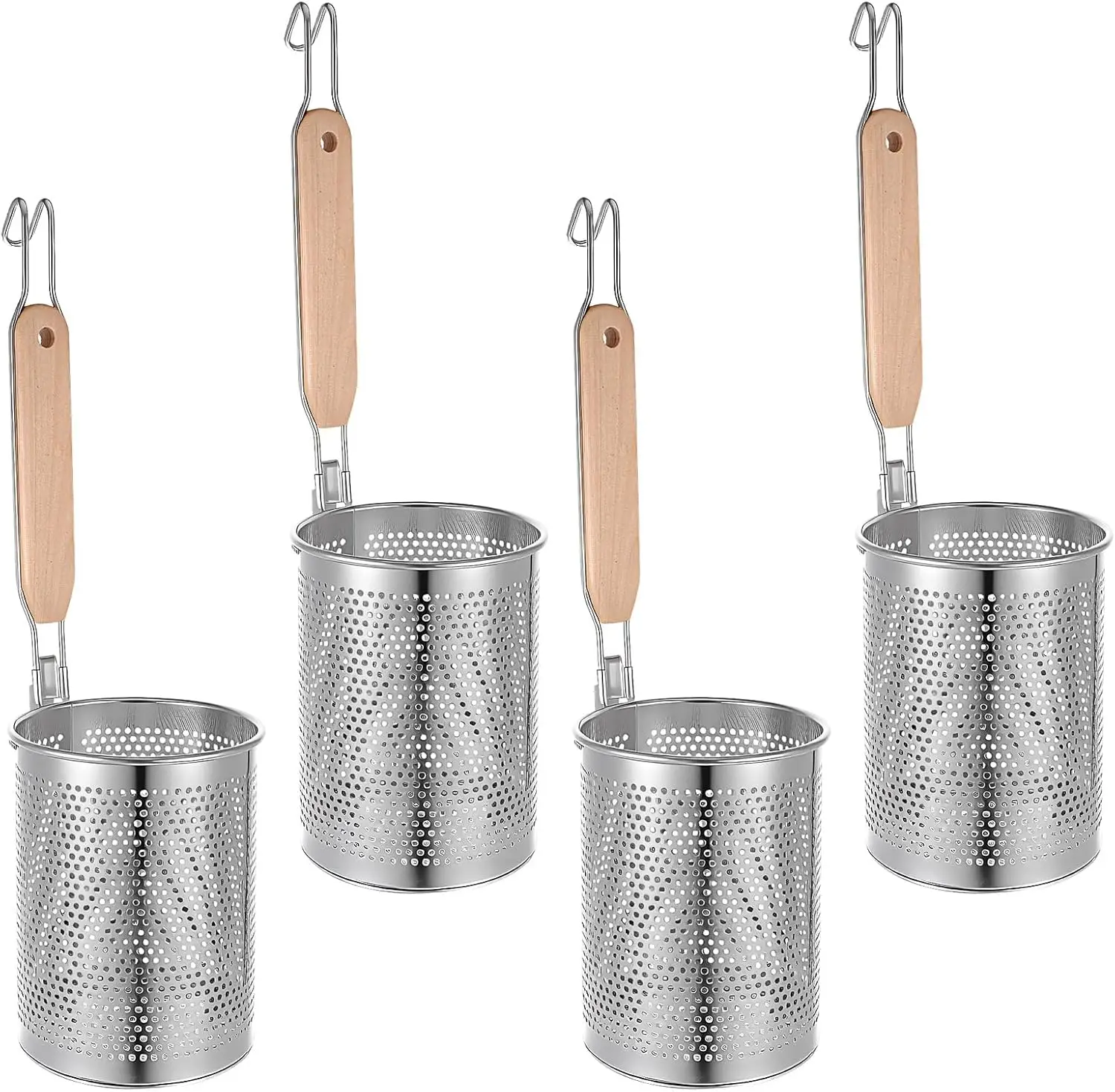 

4pcs Pasta Strainer 15'' × 5.5'' Stainless Steel Pasta Basket Mesh Cooker with Wood Handle Kitchen Mesh Spider Noodle S