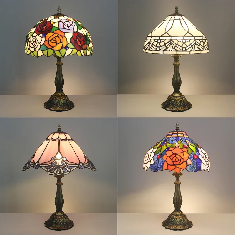 

Vintage Tiffany Stained Glass Table Lamps for Bedroom Mediterranean Retro Led Desk Lamp Living Room Home Decor Study Night Light