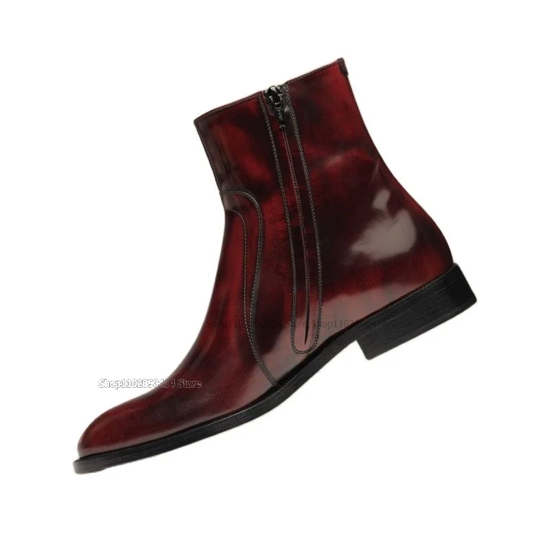 Burgandy Square Toe Wear Resistant Ankle Boots Fashion Side Zipper Men Shoes Novel Handmade Runway Party Banquet Men Dress Shoes