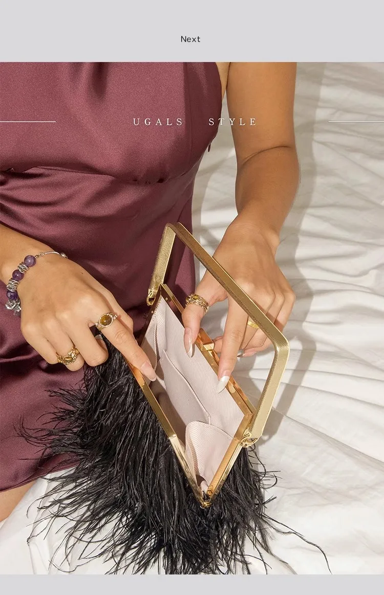 Luxury Metal Handheld Women Handbag Fashion Ostrich Feather Banquet Bag Wedding Party Clutch Purse Shoulder Crossbody Bag