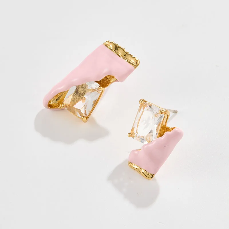 

Niche Hand-painted Enamel Pink Sugar Shape Stud Earrings Large Clear Inlaid Zircon Earrings Sweet Style Playful Women Earrings
