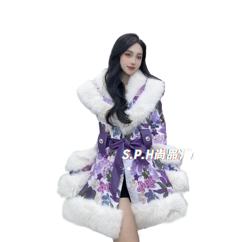 2024 Winter New Fur Coats Sweet Mid Length Sequins Decoration Young Good Figure Faux Fur Coats Women Strap Waist Fluffy Jacket