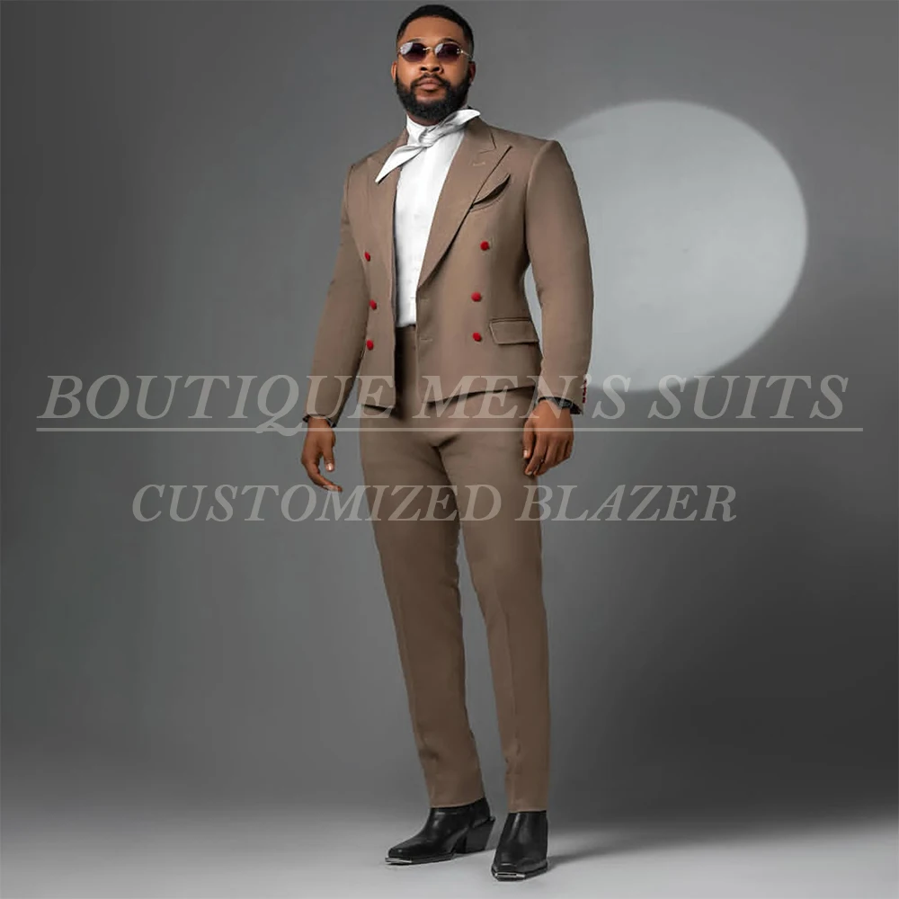 

Khaki Men's Suits Casual Chic Cropped Blazer Formal Double Breasted Peak Lapel Slim Fit 2 Piece Jacket Pants Sets Costume Homme