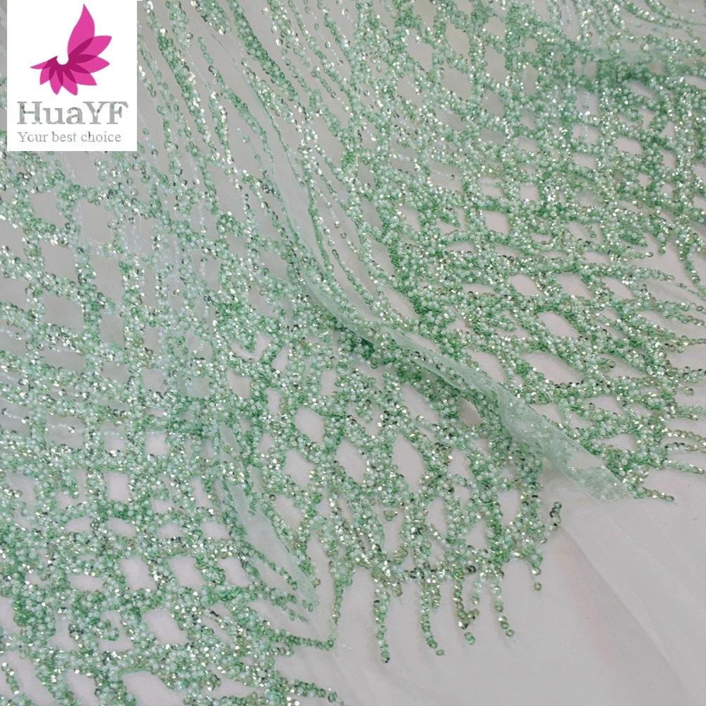 1 Yard New Arrival in Nigeria Mint Green Lace Tulle Fabric with Beads and Sequins for Party Dresses HY1614