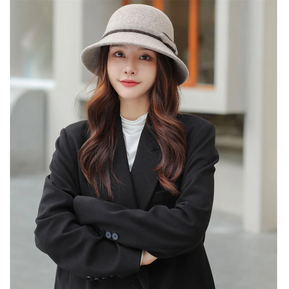 

Women's Bucket Hat Winter Female Thicken Warm Fisherman Caps Dome Felt Outdoor Retro Bow Basin Hats Party Ladies Panama Gorros