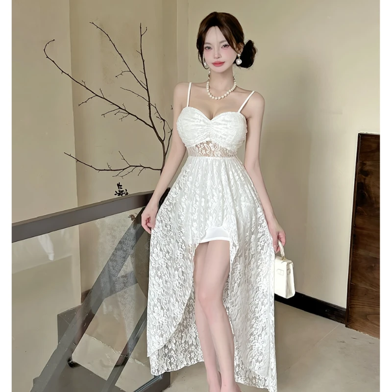 

Irregular Hollow Lace Suspender Long Dress Women's Slim Dovetail Dress Party Club Sexi