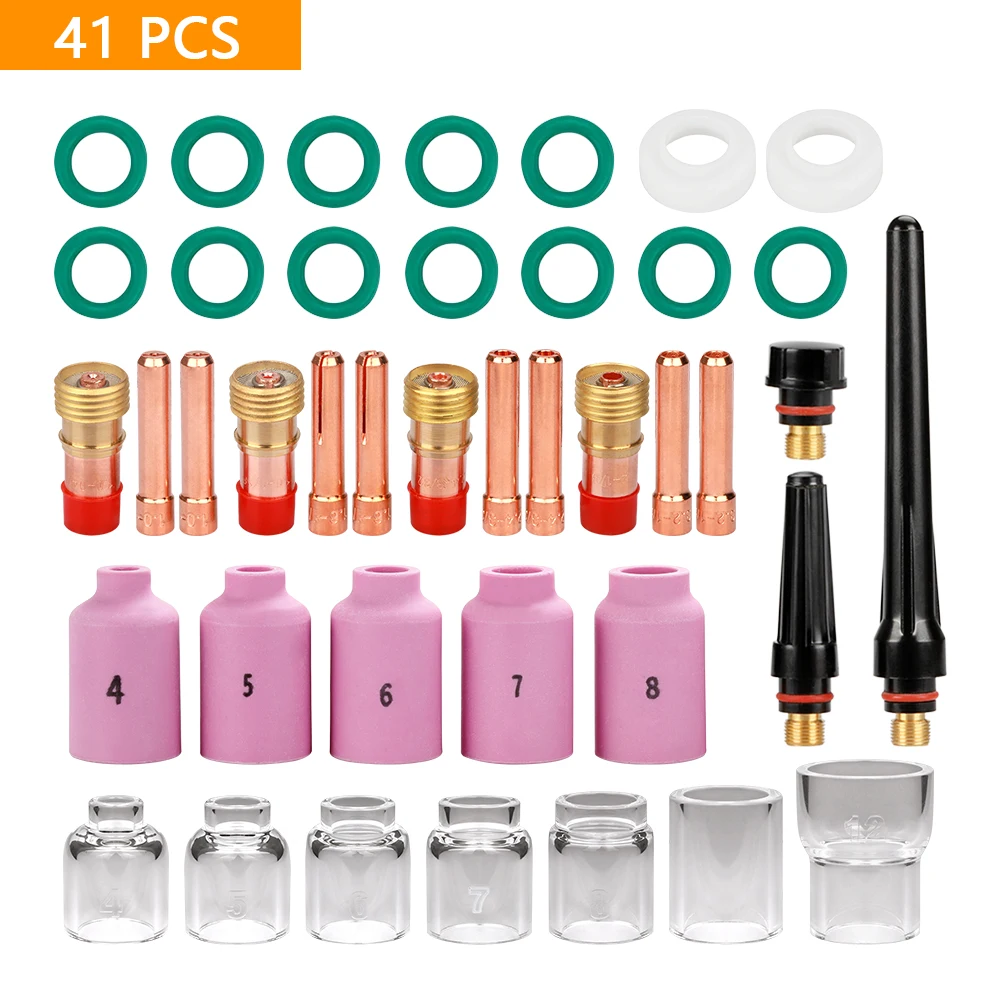 41Pcs TIG Welding Torch Nozzle Ring Cover Gas Lens Glass Ceramic Cup Kit For WP17/18/26 Welding Accessories Tool Set